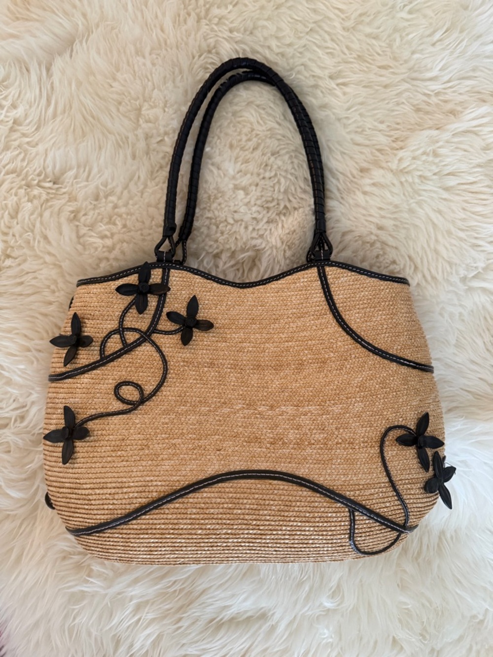 Cole Haan Tan Woven Tote with Black Trim and Floral Appliqués